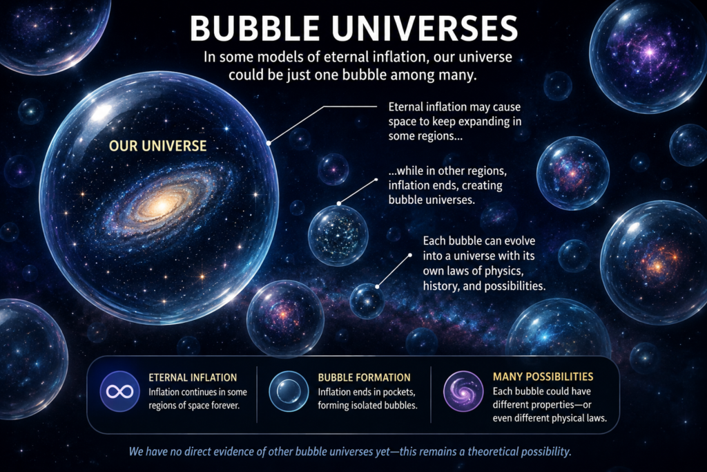 Illustration of bubble universes showing our universe as one bubble among many in an eternally inflating space