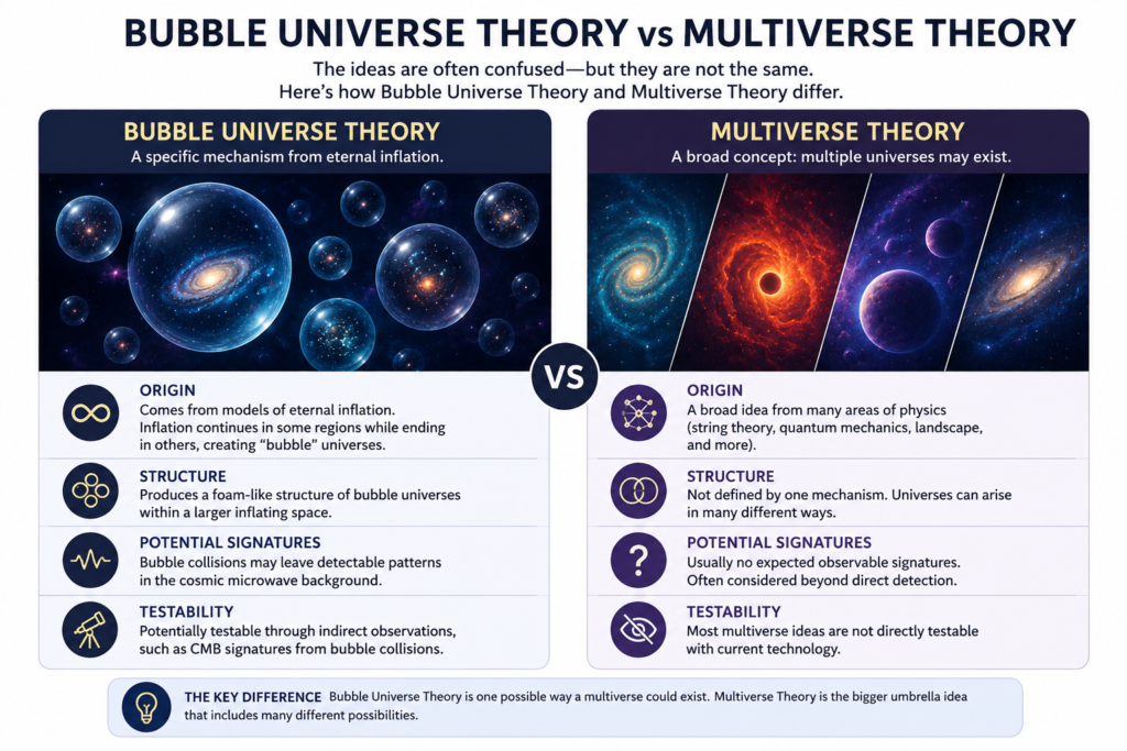 Multiverse vs bubble universe theory, comparing many possible universes with separate bubble universes in space.
