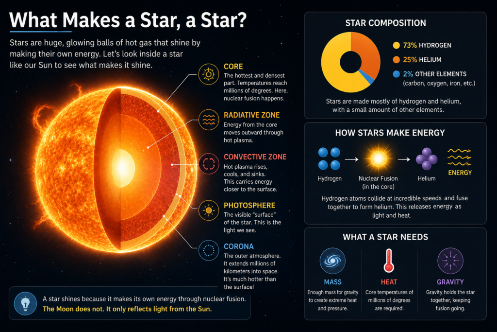 Cutaway diagram showing the composition and layers of a star and how nuclear fusion produces energy