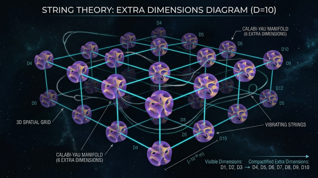 string theory diagram showing extra compactified dimensions alongside the three dimensions we experience daily