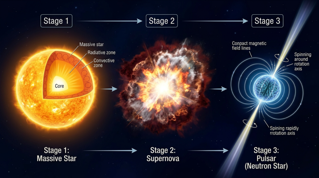  diagram showing pulsar formation from massive star supernova explosion collapsing into a spinning neutron star