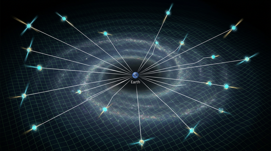 pulsar timing array diagram showing millisecond pulsars used to detect low-frequency gravitational waves across the galaxy