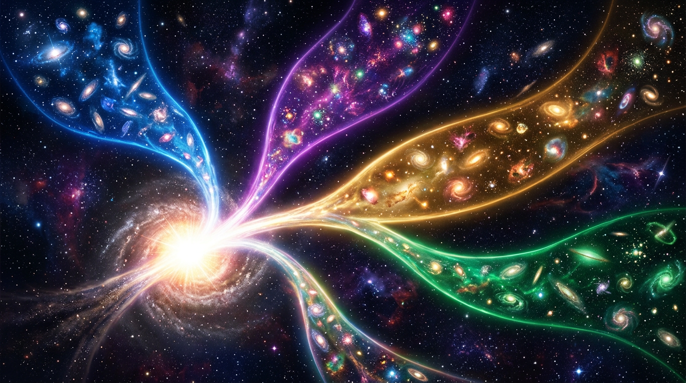 illustration of parallel universes branching from a single point representing the many-worlds interpretation 