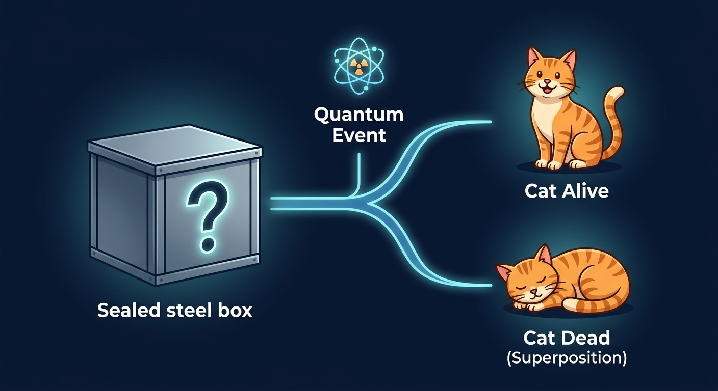 diagram of Schrödinger's cat thought experiment showing two parallel outcomes, alive and dead 