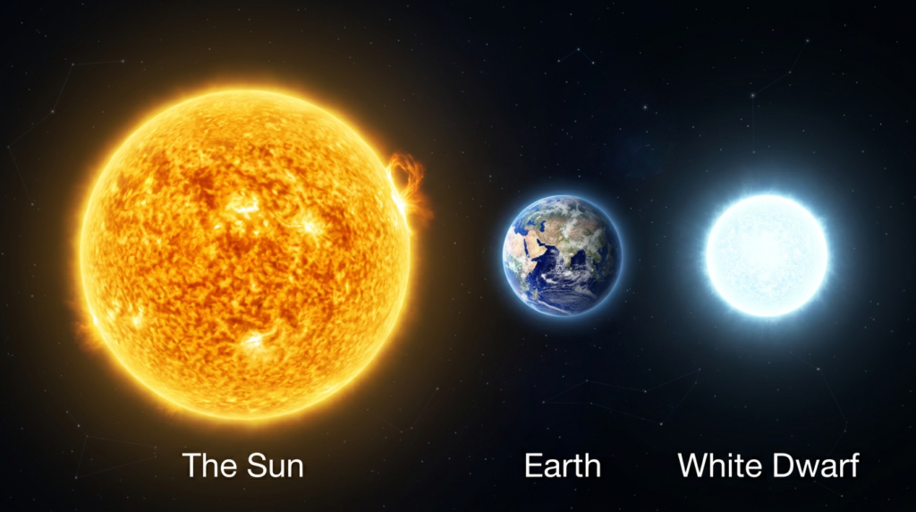 Size comparison showing a white dwarf star roughly the size of Earth but far more massive than it looks.
