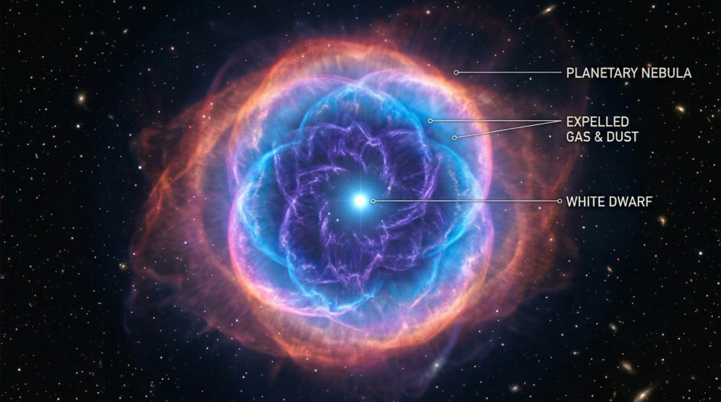 Planetary nebula with a white dwarf star at the center after a dying star sheds its outer layers.