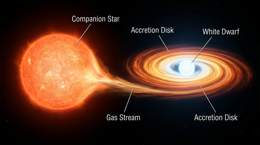White dwarf star pulling material from a companion star in a binary system.