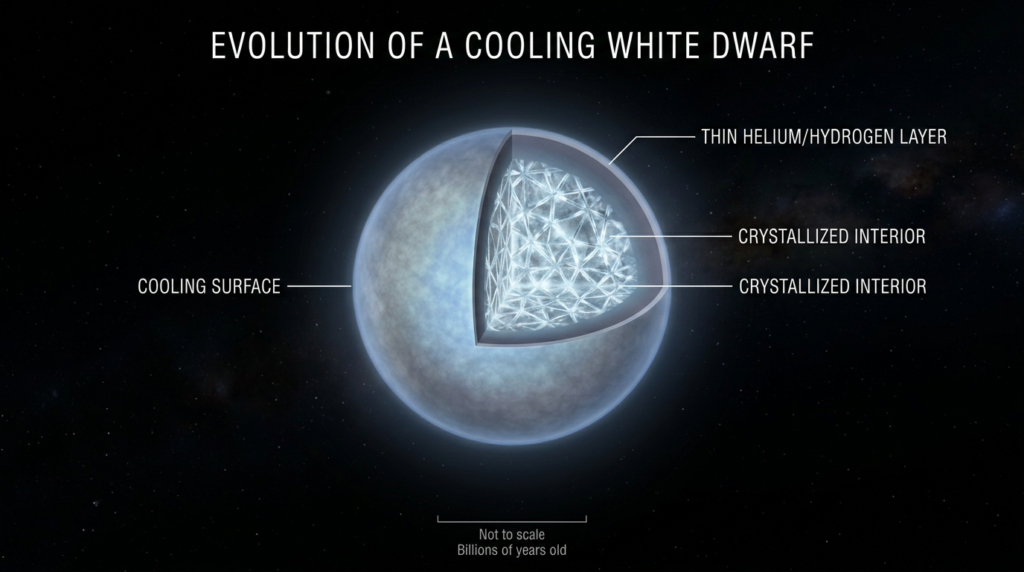 Illustration of a cooling white dwarf star with a crystallizing interior