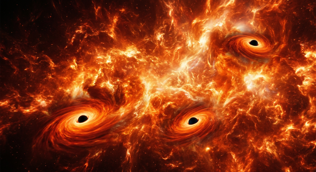 artist impression of primordial black holes forming in the hot, dense chaos of the early universe shortly after the Big Bang