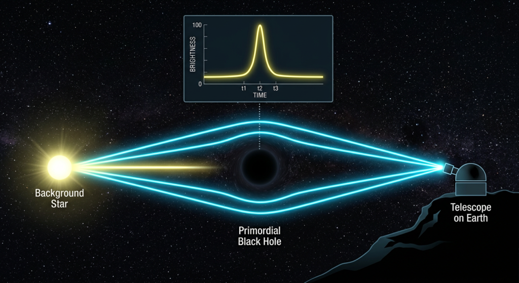 gravitational microlensing diagram showing a primordial black hole bending light from a distant background star, causing a brightness spike