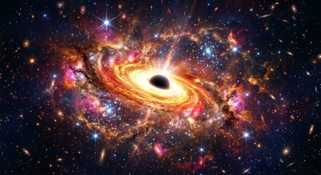 Webb Space Telescope image of a distant early galaxy showing supermassive black hole formation that may have begun with primordial black hole seeds
