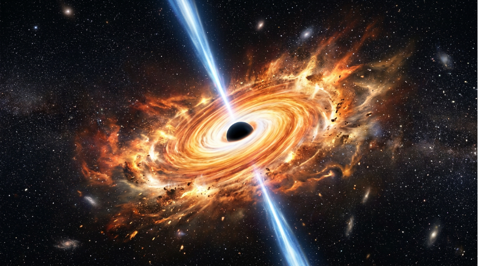 illustration of a hypernova collapsar launching a gamma-ray burst jet from a newly formed black hole